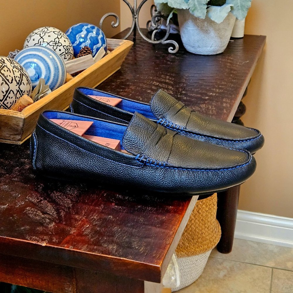 Donald Pliner Men's Soft Leather Loafers, Black / Blue Stitching, Sz 13